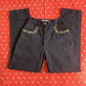 Vintage Greco Trim High Waist Black and Gold Straight Leg Jeans, Embroidered